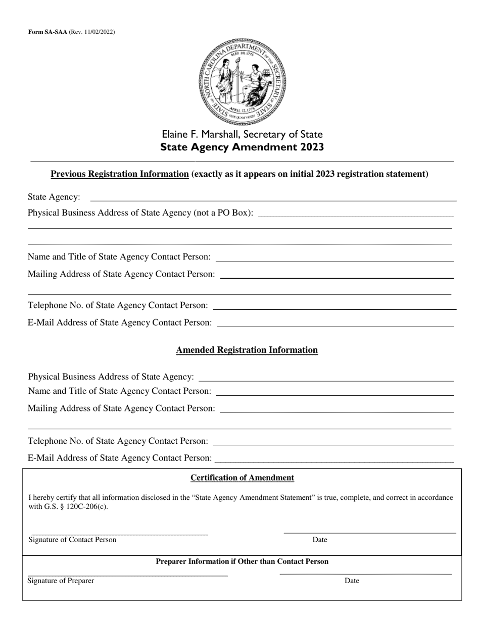 Form SA-SAA Liaison State Agency Amendment - North Carolina, Page 1