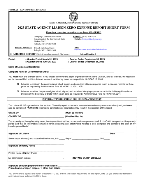 Form SAL-EZ VIDEO State Agency Liaison Zero Expense Report Short Form - North Carolina, 2023