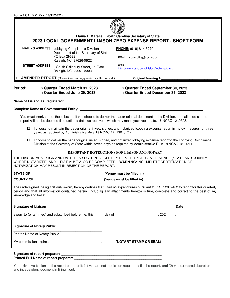 Form LGL-EZ Local Government Liaison Zero Expense Report - Short Form - North Carolina, Page 1