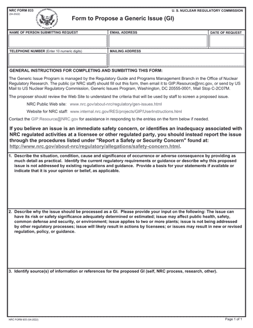 NRC Form 833  Printable Pdf