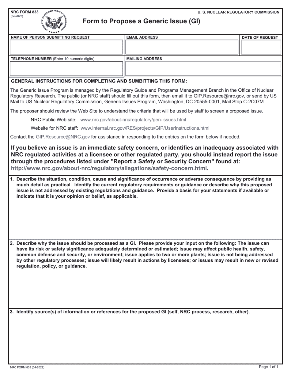 NRC Form 833 Form to Propose a Generic Issue (Gi), Page 1