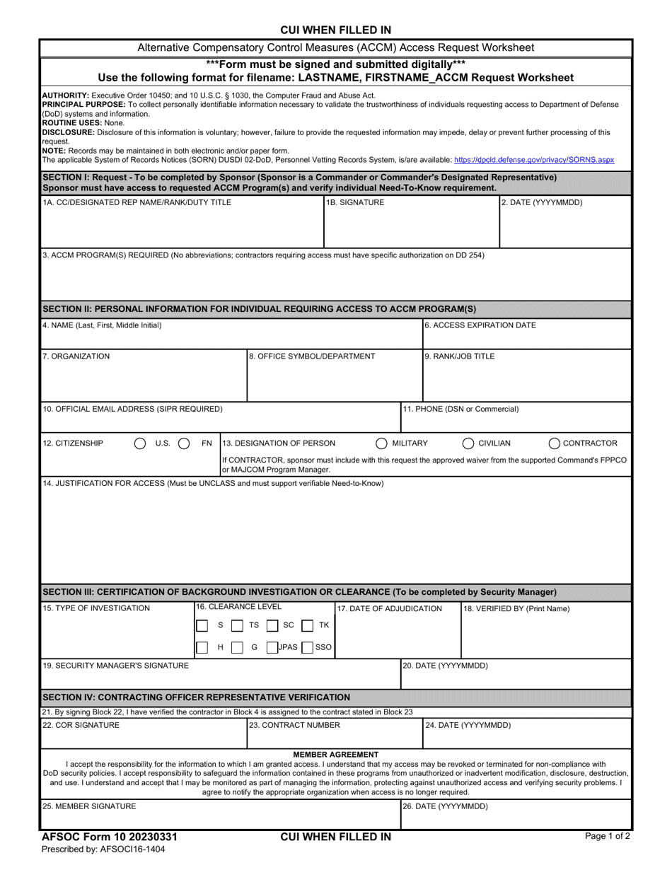 AFSOC Form 10 Alternatinve Compensatory Control Measures (Accm) Access Requeat Worksheet, Page 1