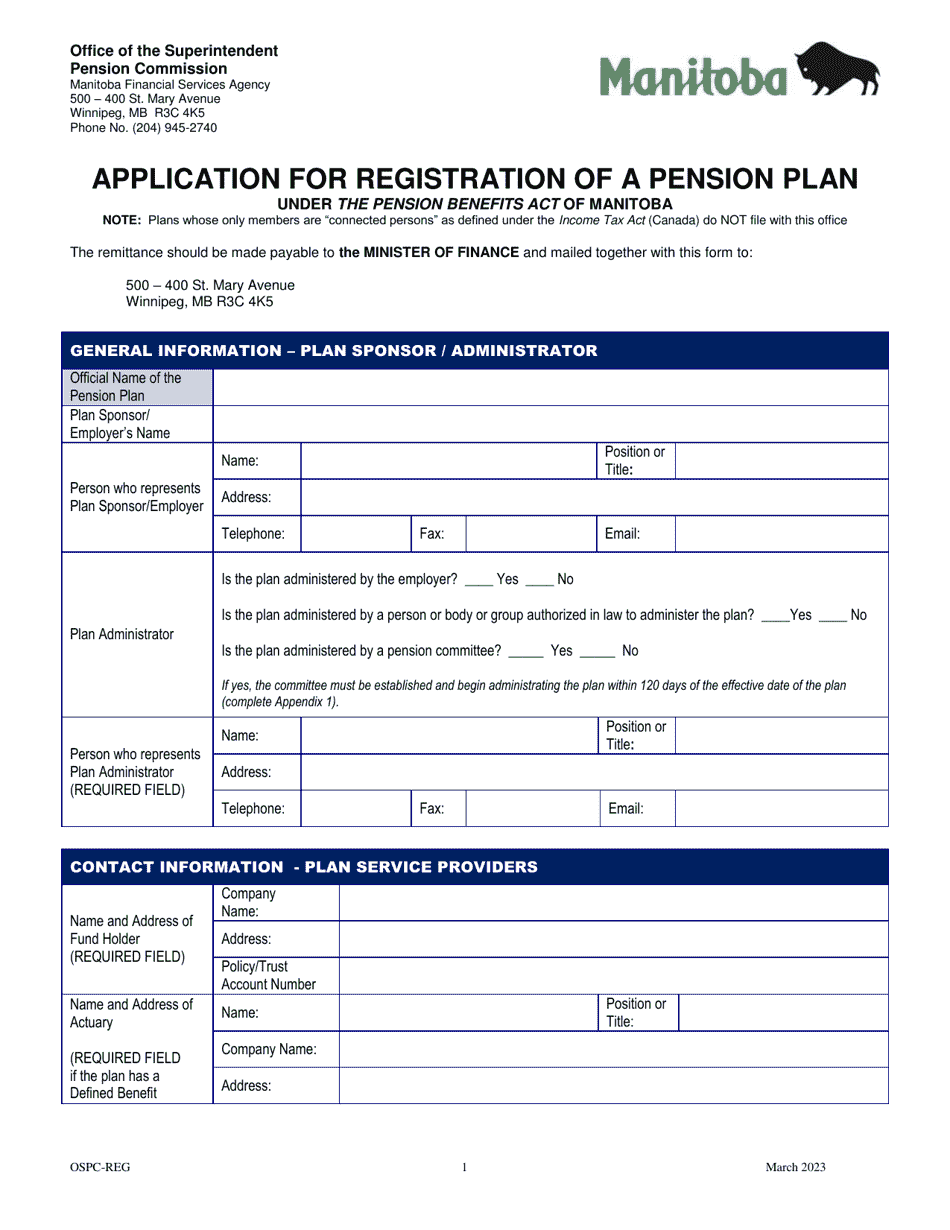 Application for Registration of a Pension Plan - Manitoba, Canada, Page 1