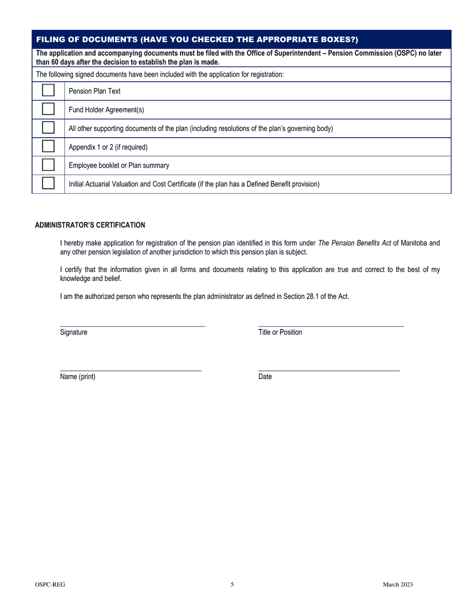 Application for Registration of a Pension Plan - Manitoba, Canada, Page 5