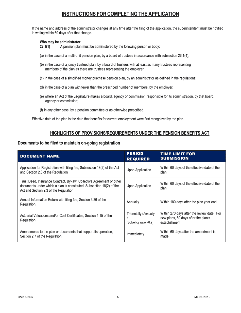 Application for Registration of a Pension Plan - Manitoba, Canada, Page 6
