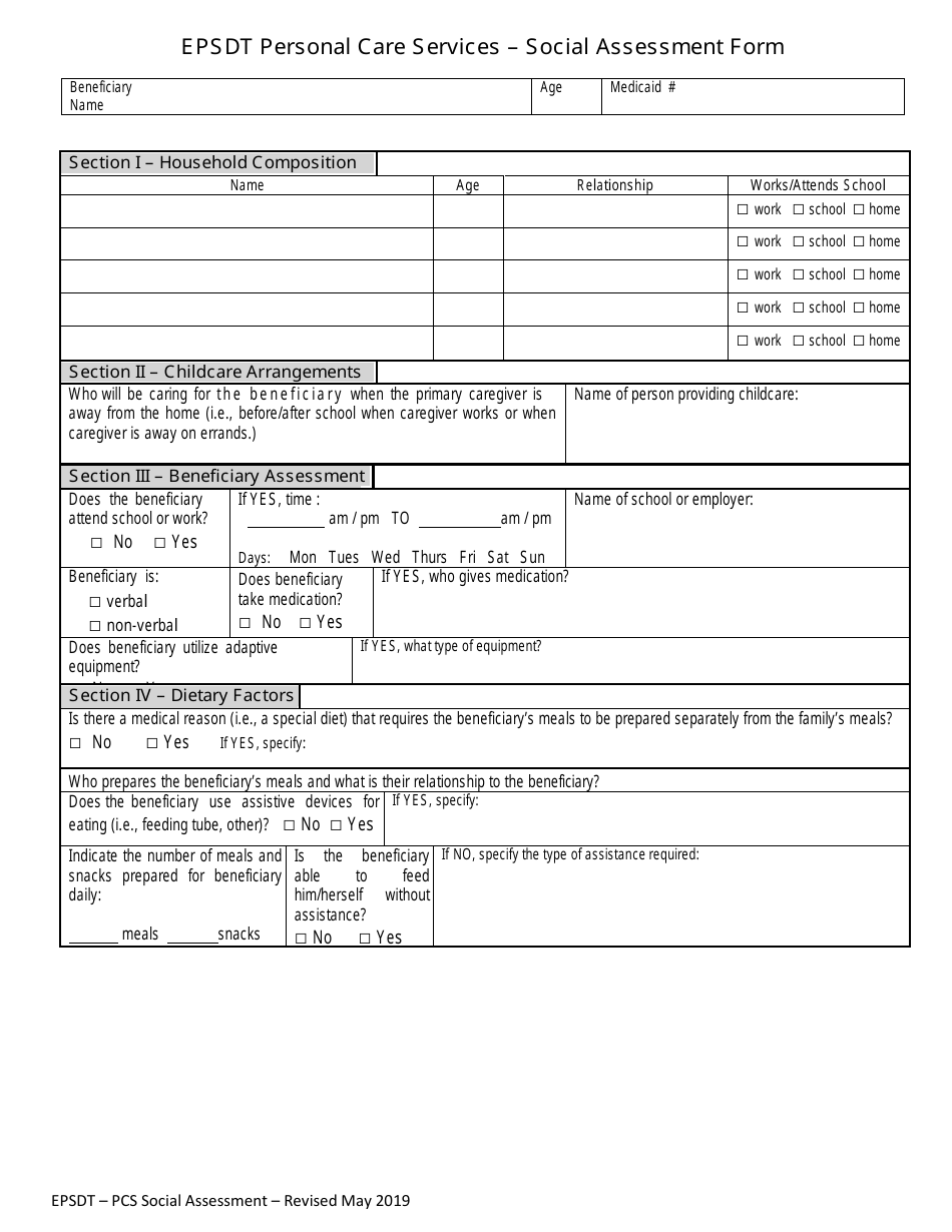 Epsdt Personal Care Services - Social Assessment Form - Louisiana, Page 1