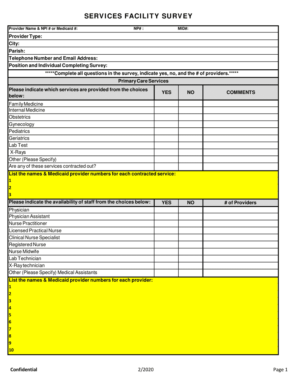 Fqhc Services Facility Survey - Louisiana, Page 1