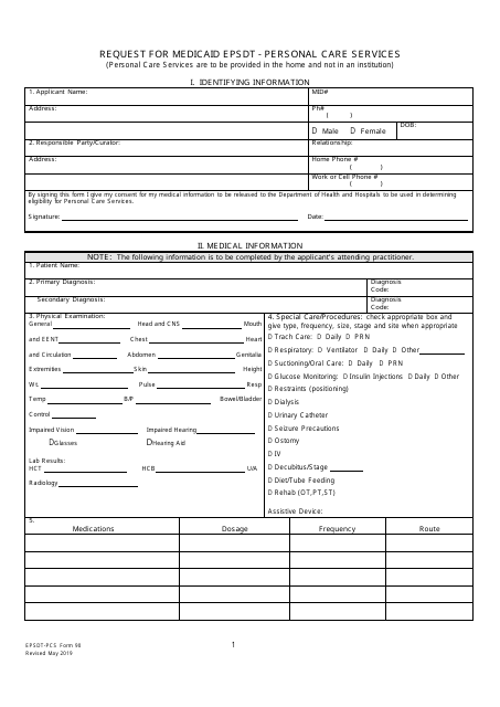EPSDT-PCS Form 90 Request for Medicaid Epsdt - Personal Care Services - Louisiana