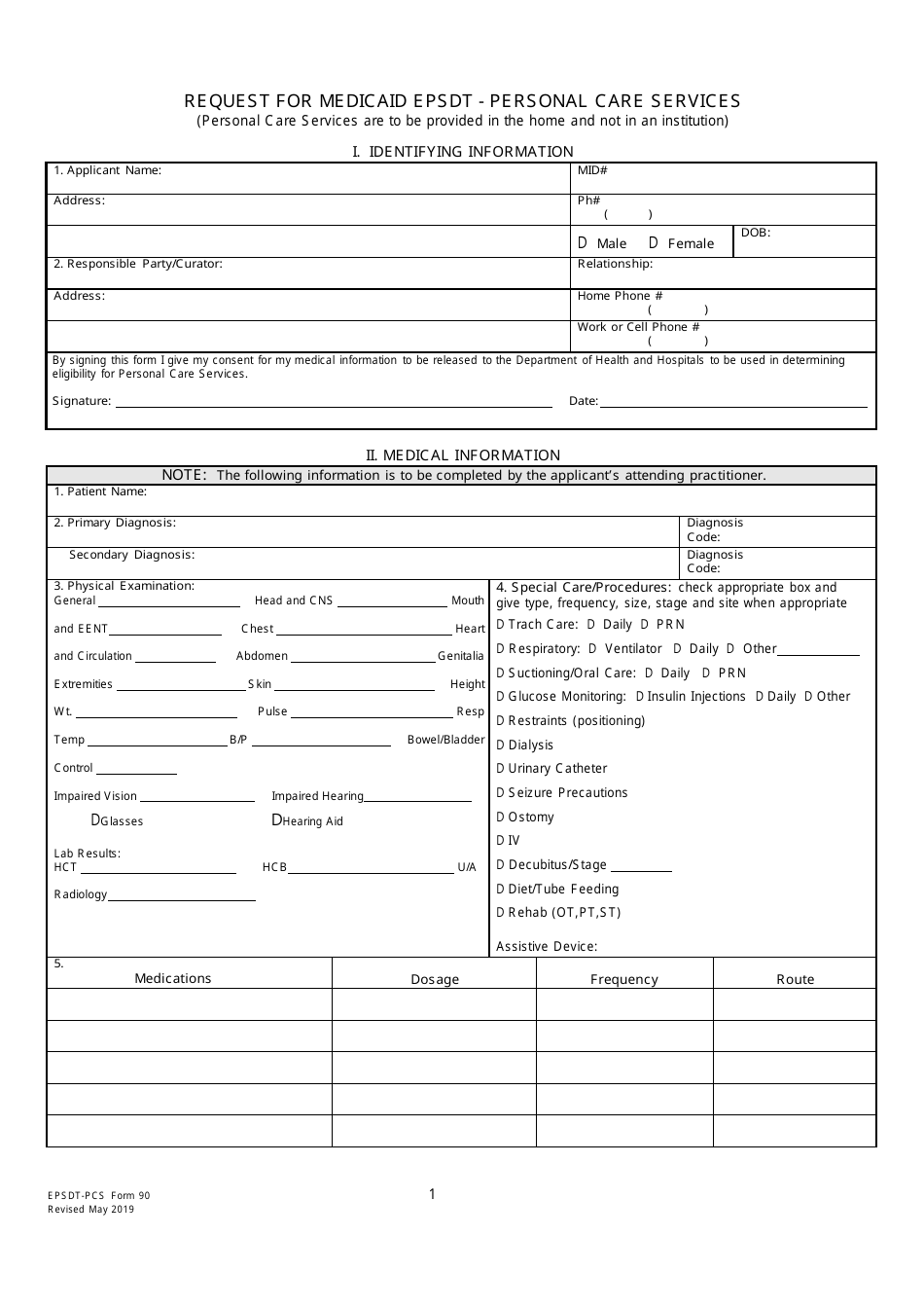 EPSDT-PCS Form 90 Request for Medicaid Epsdt - Personal Care Services - Louisiana, Page 1