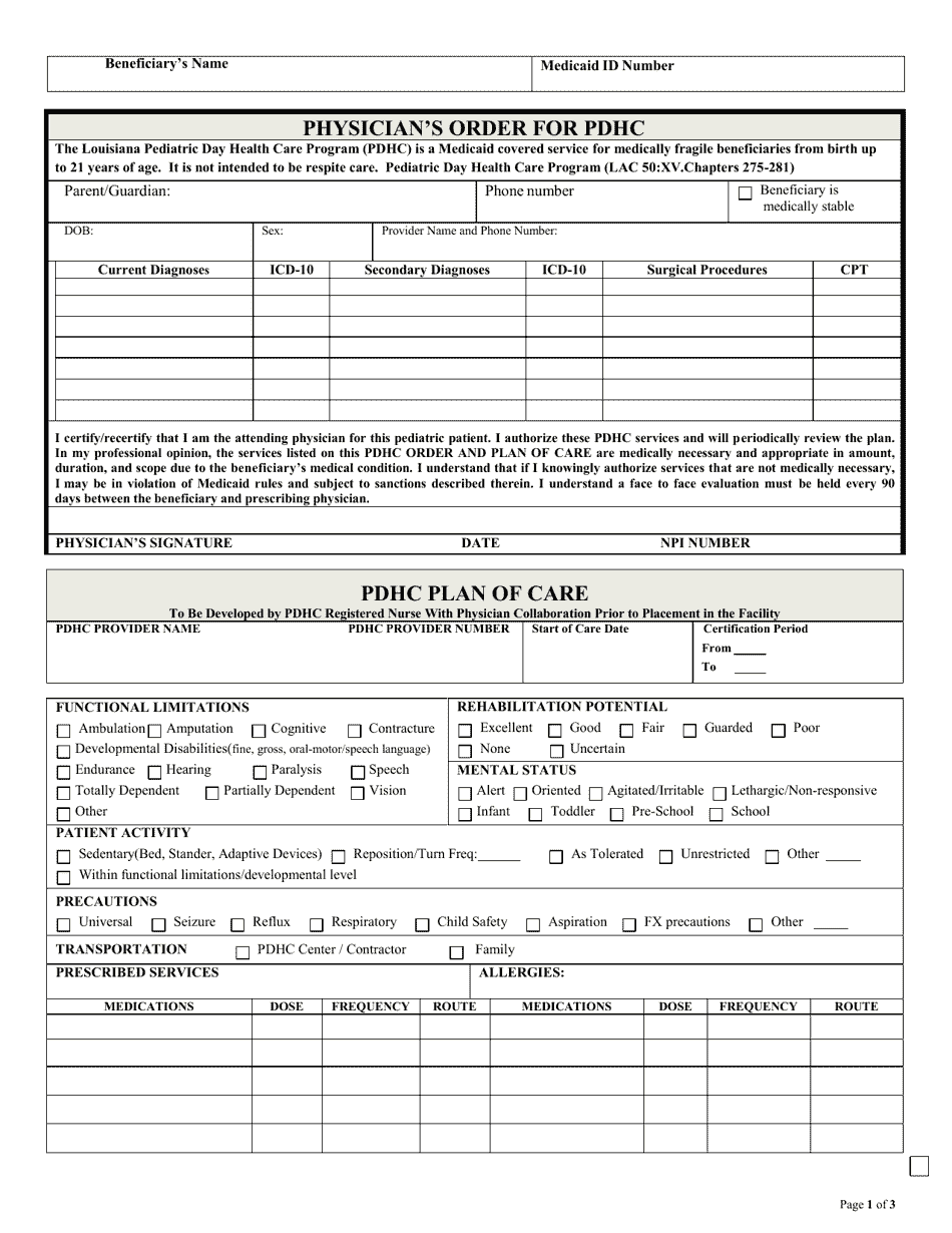 Physicians Order for Pdhc - Louisiana, Page 1