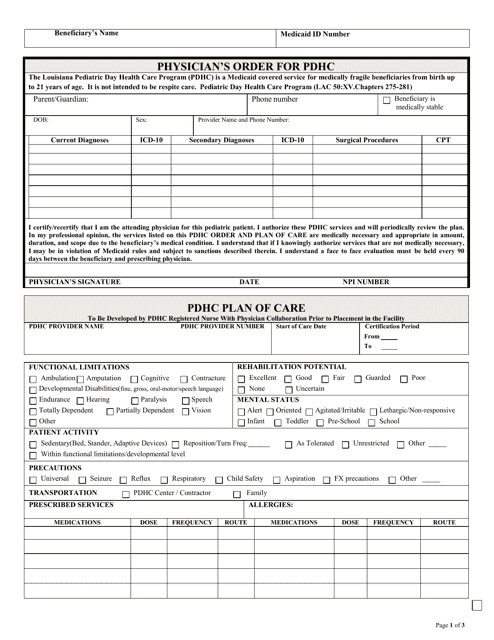 Physician's Order for Pdhc - Louisiana