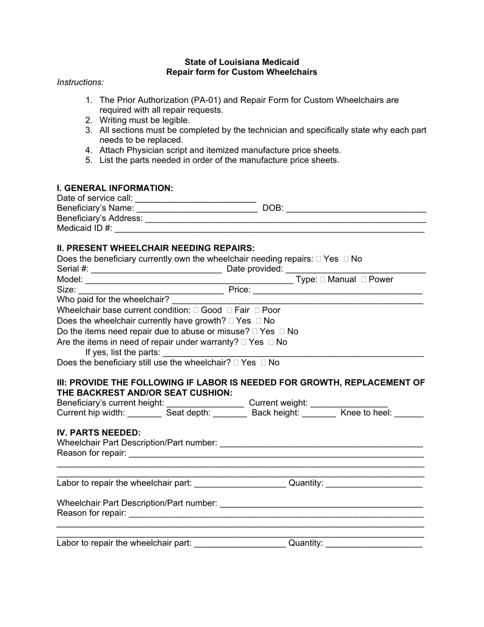 Louisiana Repair Form for Custom Wheelchairs Fill Out, Sign Online