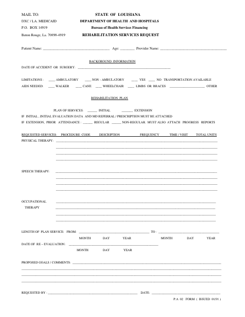 Form PA02 Rehabilitation Services Request - Louisiana