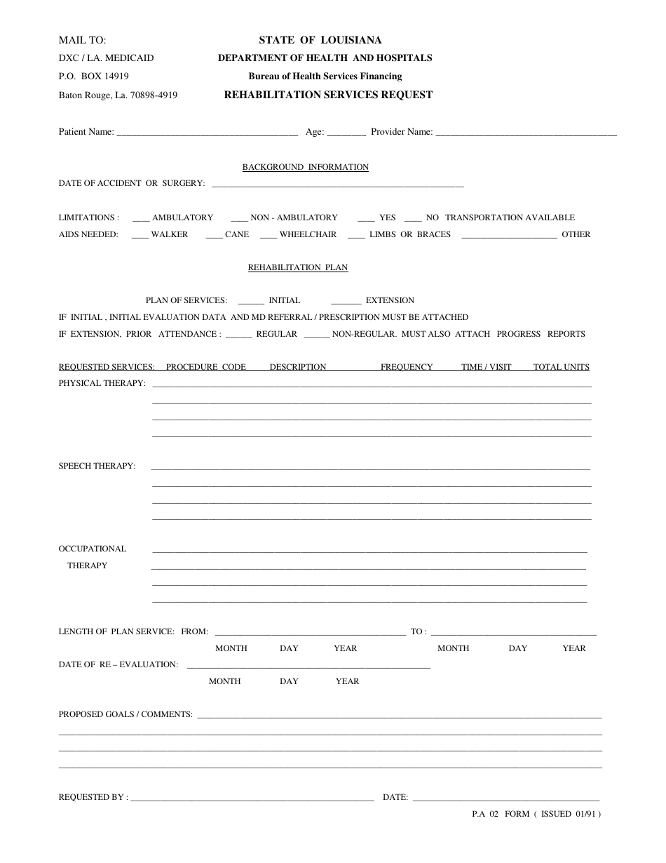 Form PA02 Rehabilitation Services Request - Louisiana, Page 1