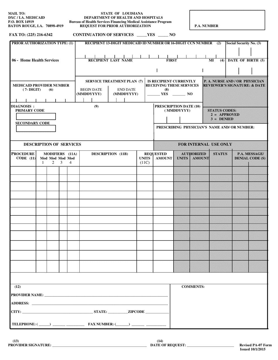 Form PA-07 Request for Prior Authorization - Louisiana, Page 1