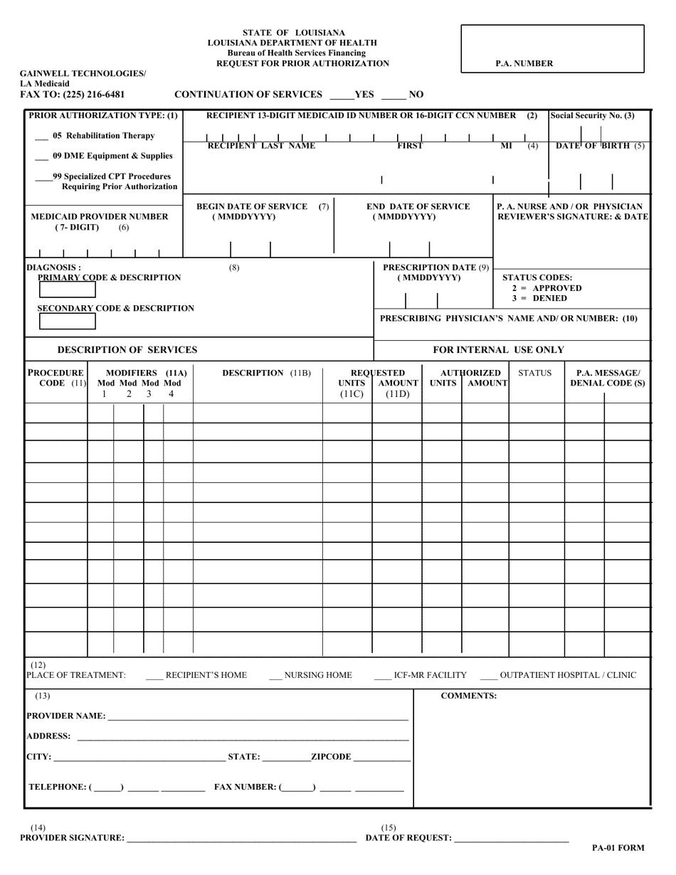 Form PA-01 Request for Prior Authorization - Louisiana, Page 1