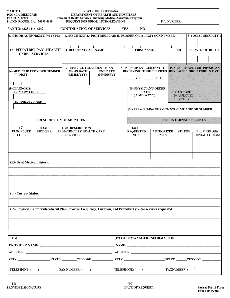Form PA-16 Request for Prior Authorization of Pediatric Day Health Care (Pdhc) Services - Louisiana, Page 1