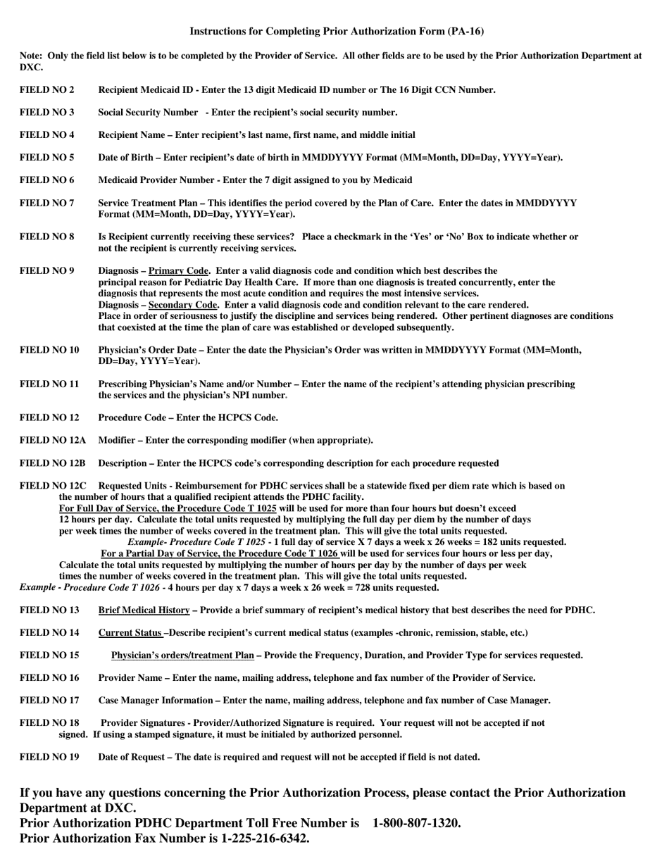 Form PA-16 Request for Prior Authorization of Pediatric Day Health Care (Pdhc) Services - Louisiana, Page 2