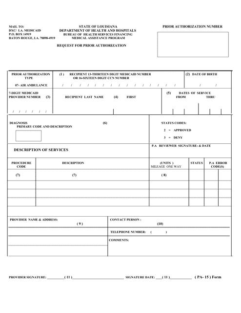 Form PA-15 Request for Prior Authorization of Air Ambulance Services - Louisiana