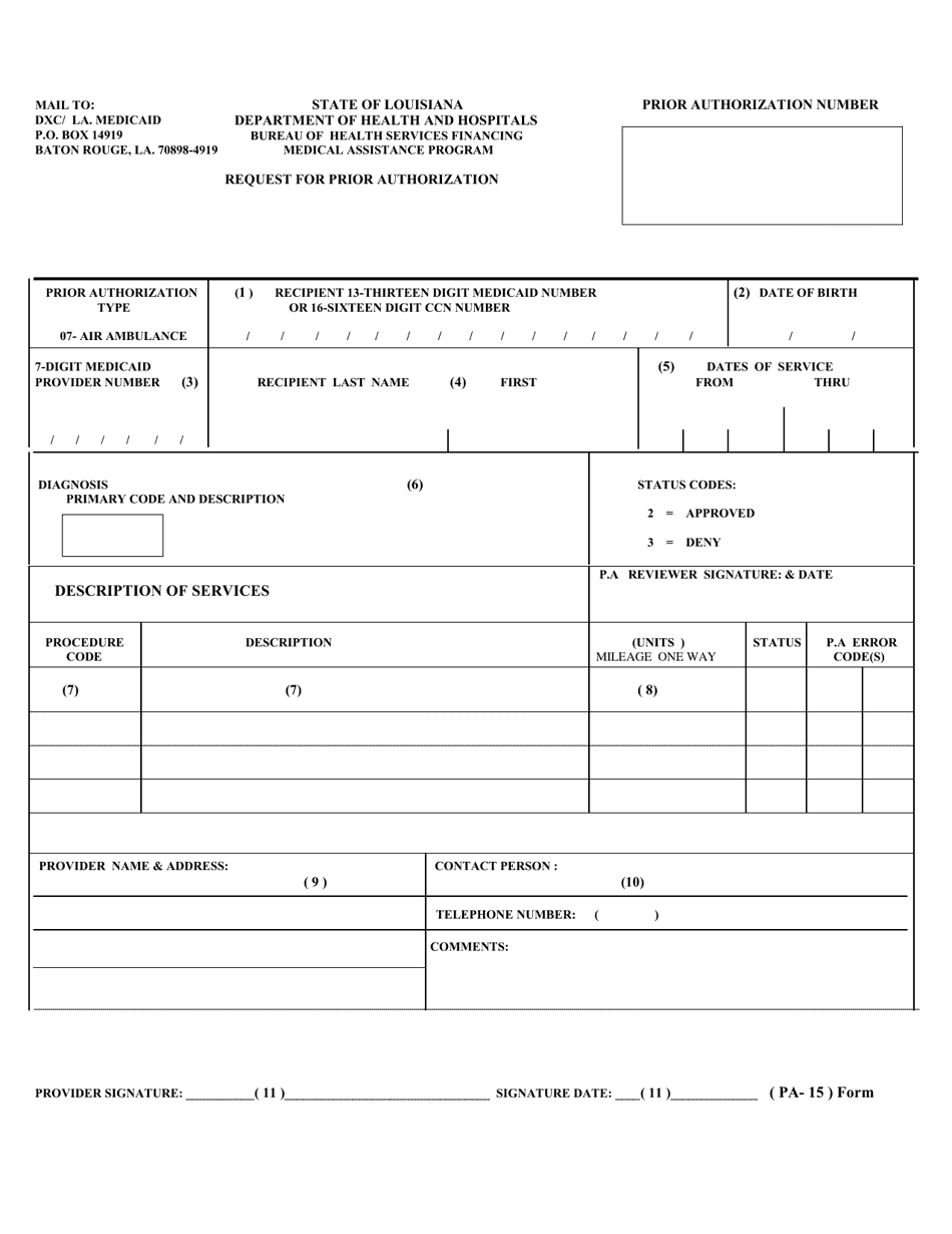 Form PA-15 Request for Prior Authorization of Air Ambulance Services - Louisiana, Page 1