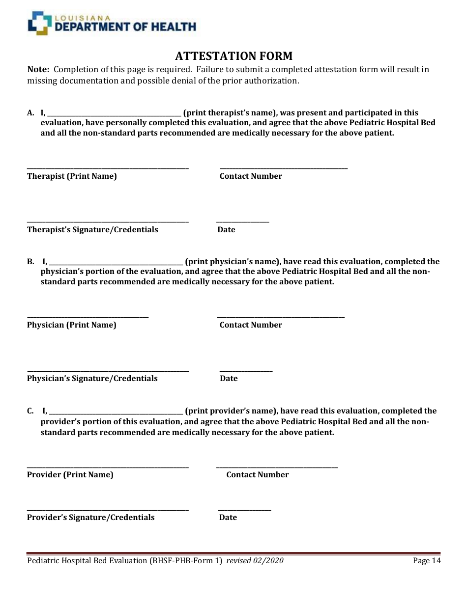 BHSF-PHB Form 1 Pediatric Hospital Bed Evaluation - Louisiana, Page 14