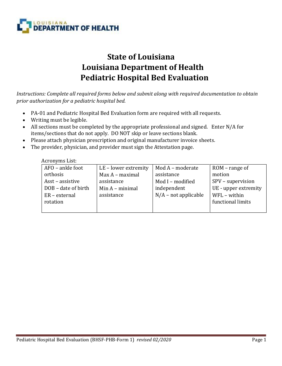 BHSF-PHB Form 1 Pediatric Hospital Bed Evaluation - Louisiana, Page 1