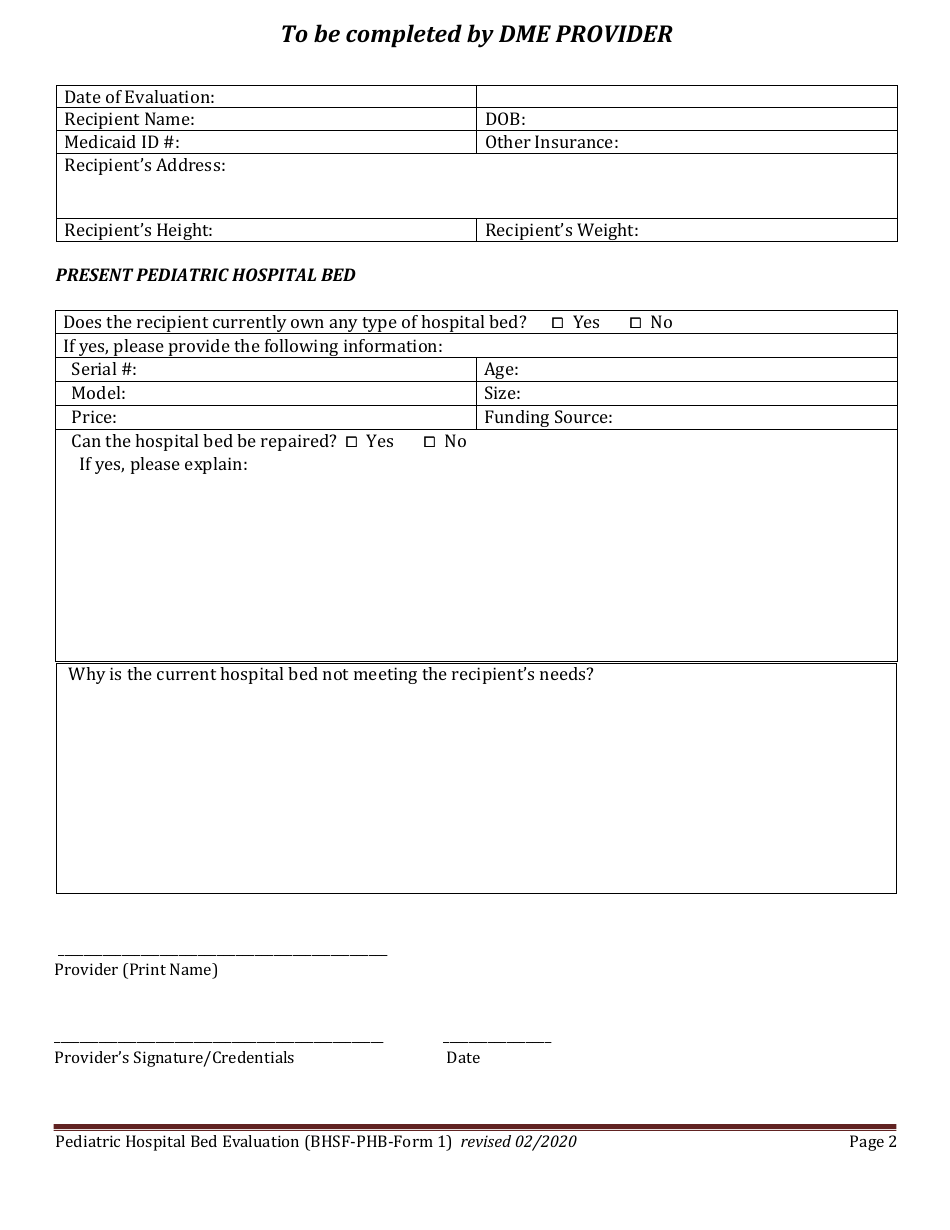 BHSF-PHB Form 1 Pediatric Hospital Bed Evaluation - Louisiana, Page 2