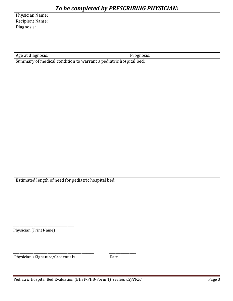 BHSF-PHB Form 1 Pediatric Hospital Bed Evaluation - Louisiana, Page 3