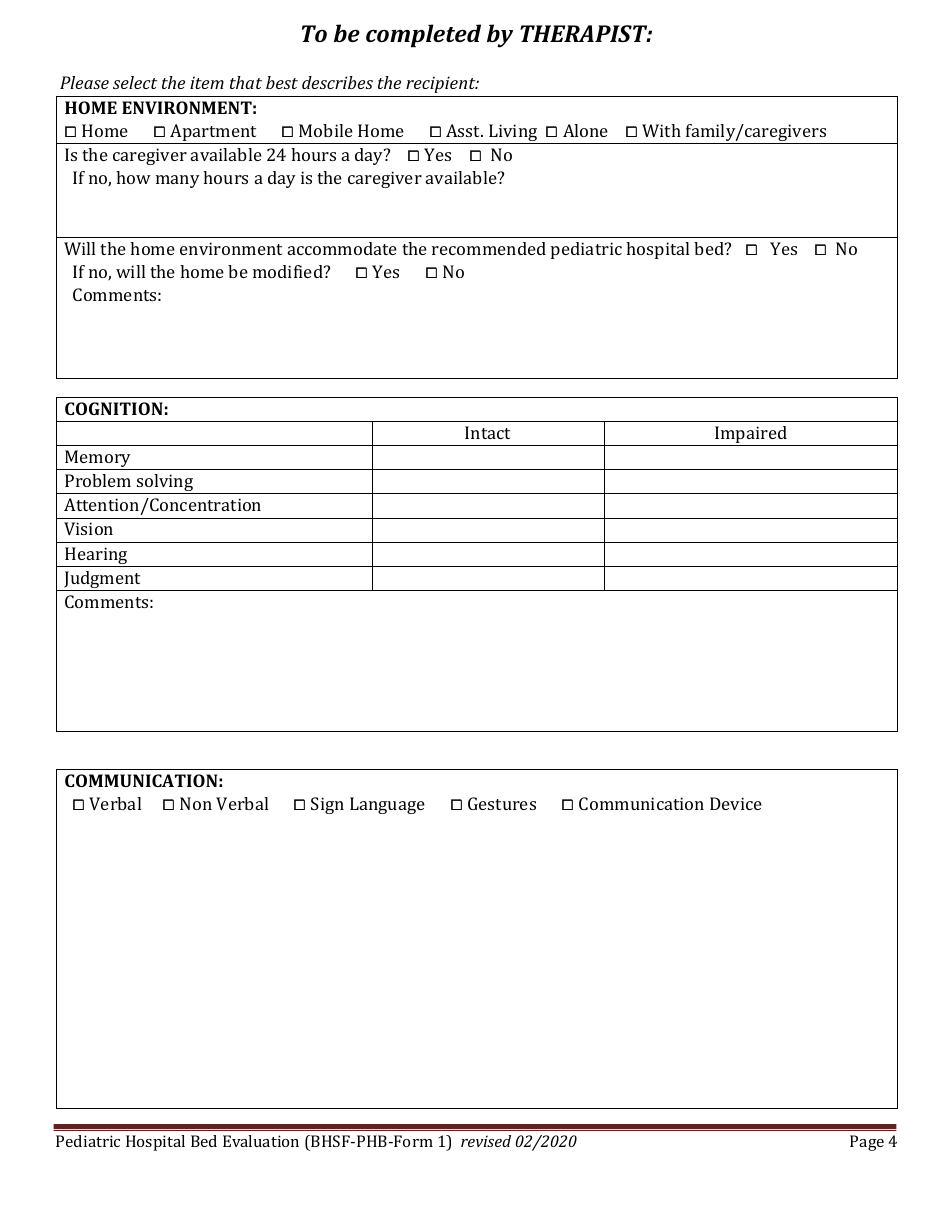 BHSF-PHB Form 1 Pediatric Hospital Bed Evaluation - Louisiana, Page 4