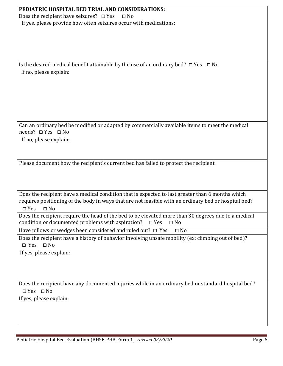 BHSF-PHB Form 1 Pediatric Hospital Bed Evaluation - Louisiana, Page 6