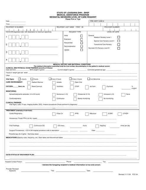 Form PCF-04 Neonatal/Newborn Level of Care Request - Medical Assistance Program - Louisiana
