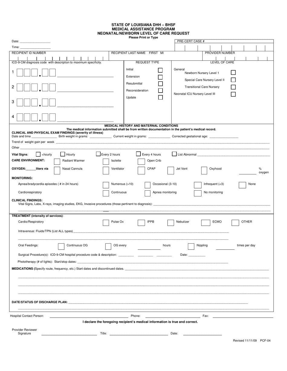 Form PCF-04 Neonatal / Newborn Level of Care Request - Medical Assistance Program - Louisiana, Page 1