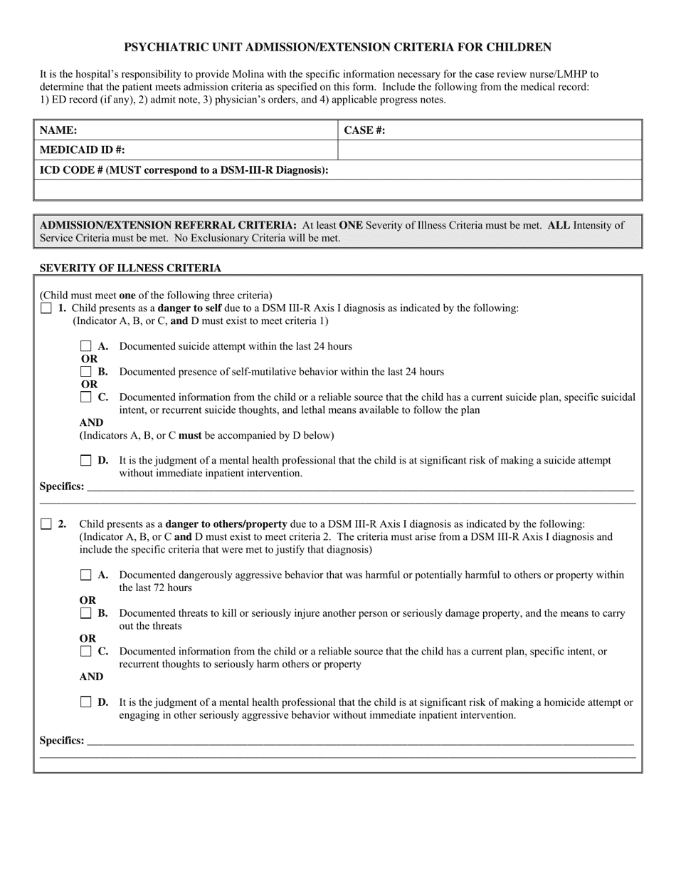 Psychiatric Unit Admission / Extension Criteria for Children - Louisiana, Page 1