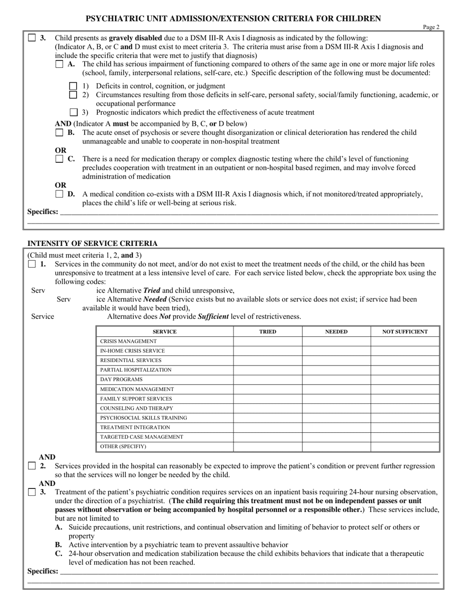 Psychiatric Unit Admission / Extension Criteria for Children - Louisiana, Page 2