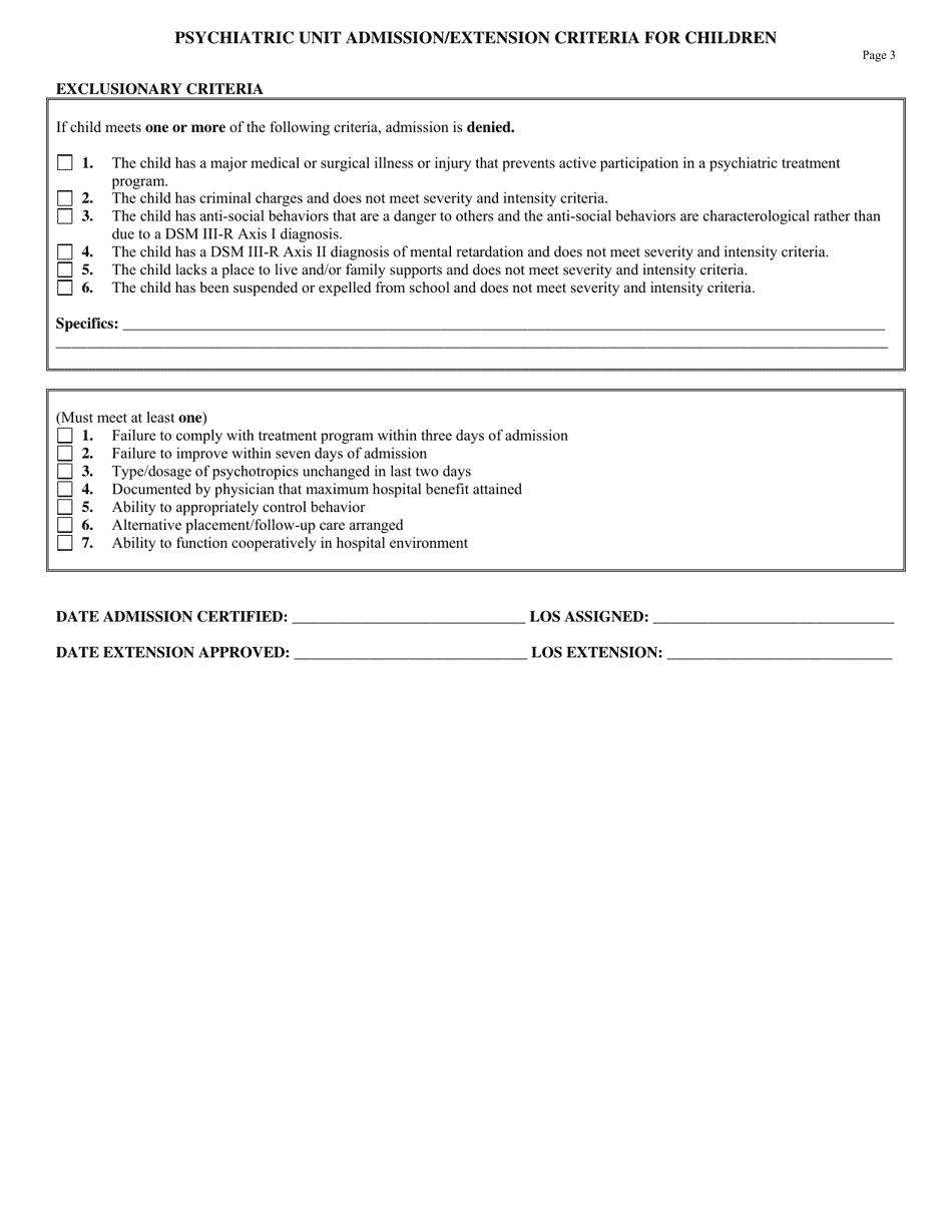 Psychiatric Unit Admission / Extension Criteria for Children - Louisiana, Page 3