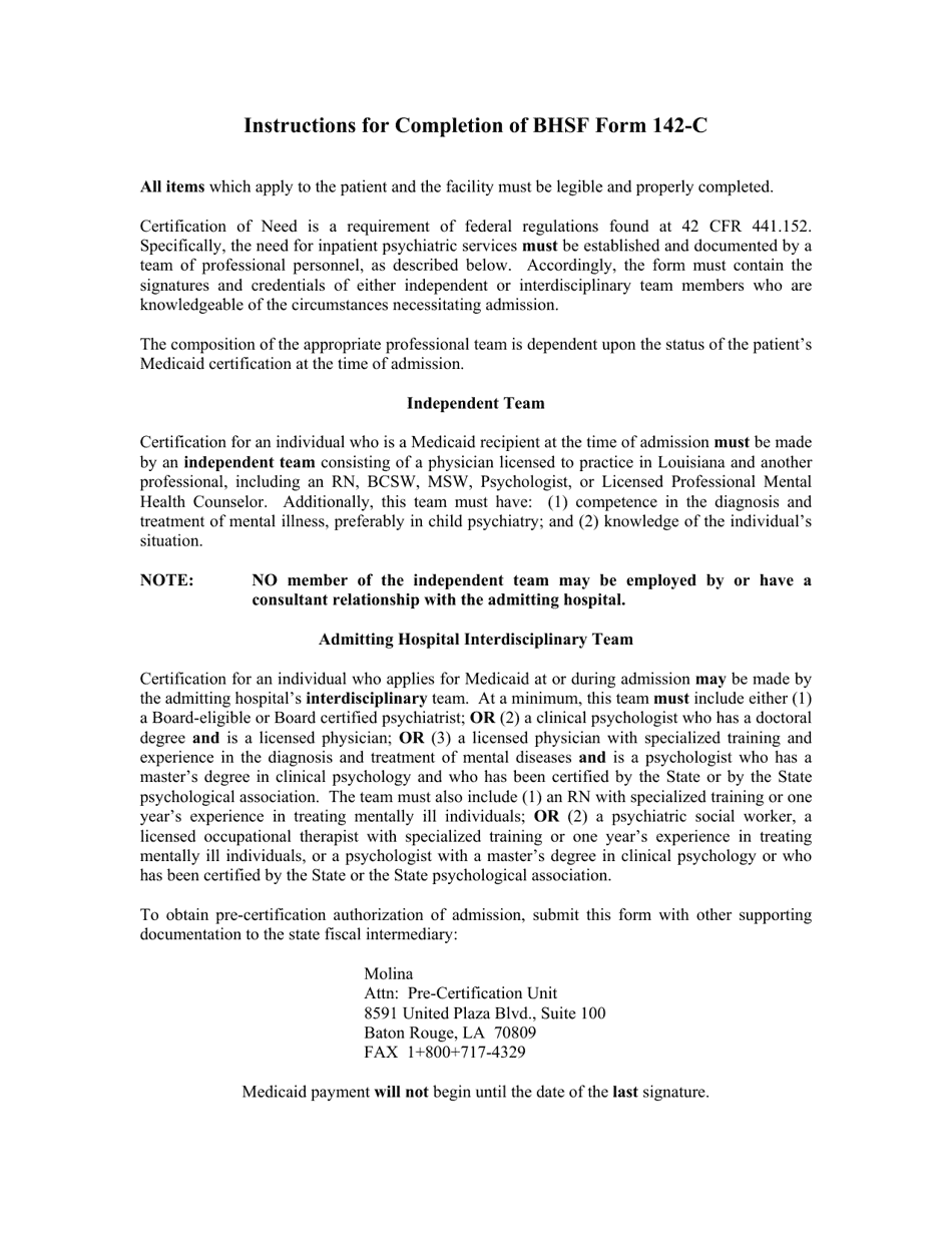 BHSF Form 142-C Inpatient Psychiatric Hospital Admission Form - Louisiana, Page 1
