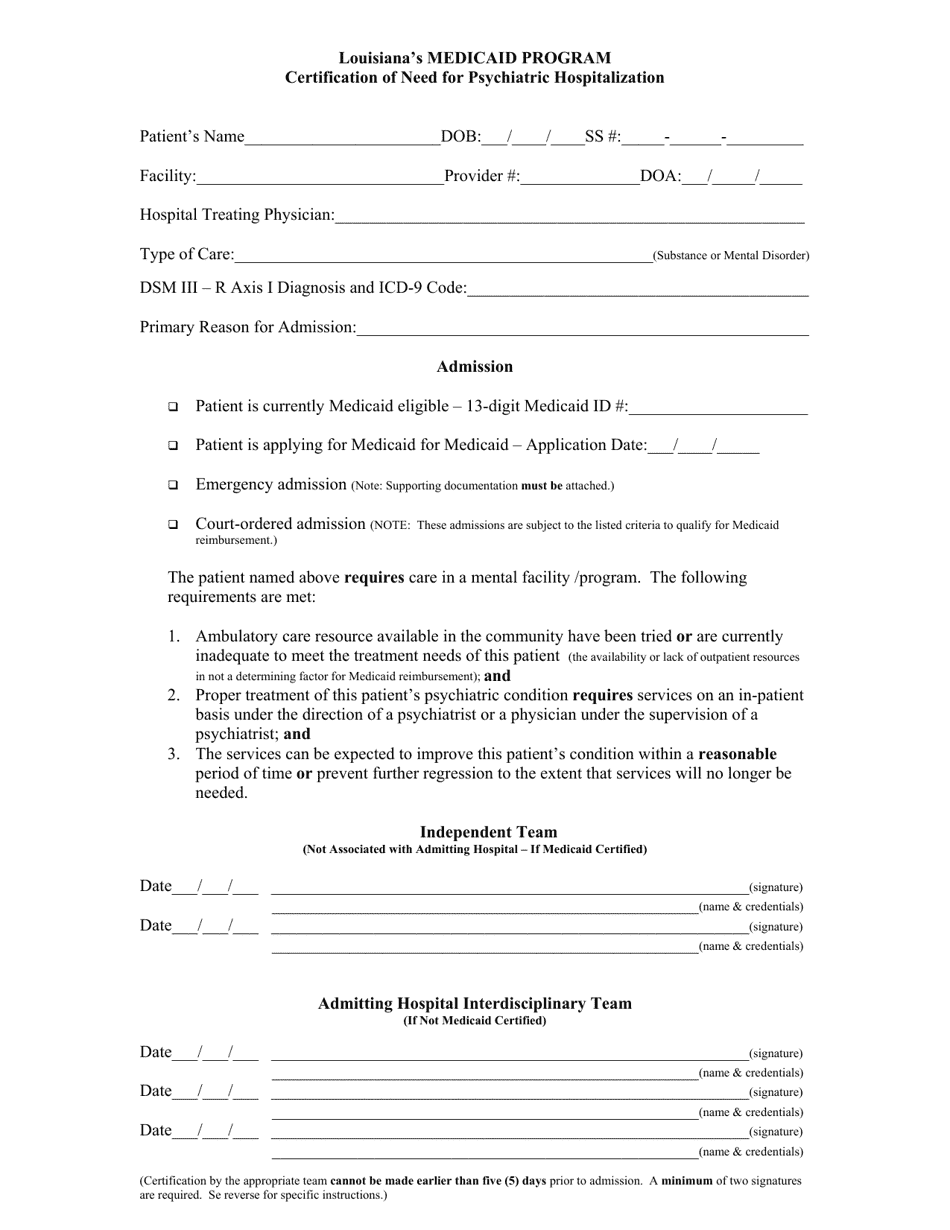 BHSF Form 142-C Inpatient Psychiatric Hospital Admission Form - Louisiana, Page 2