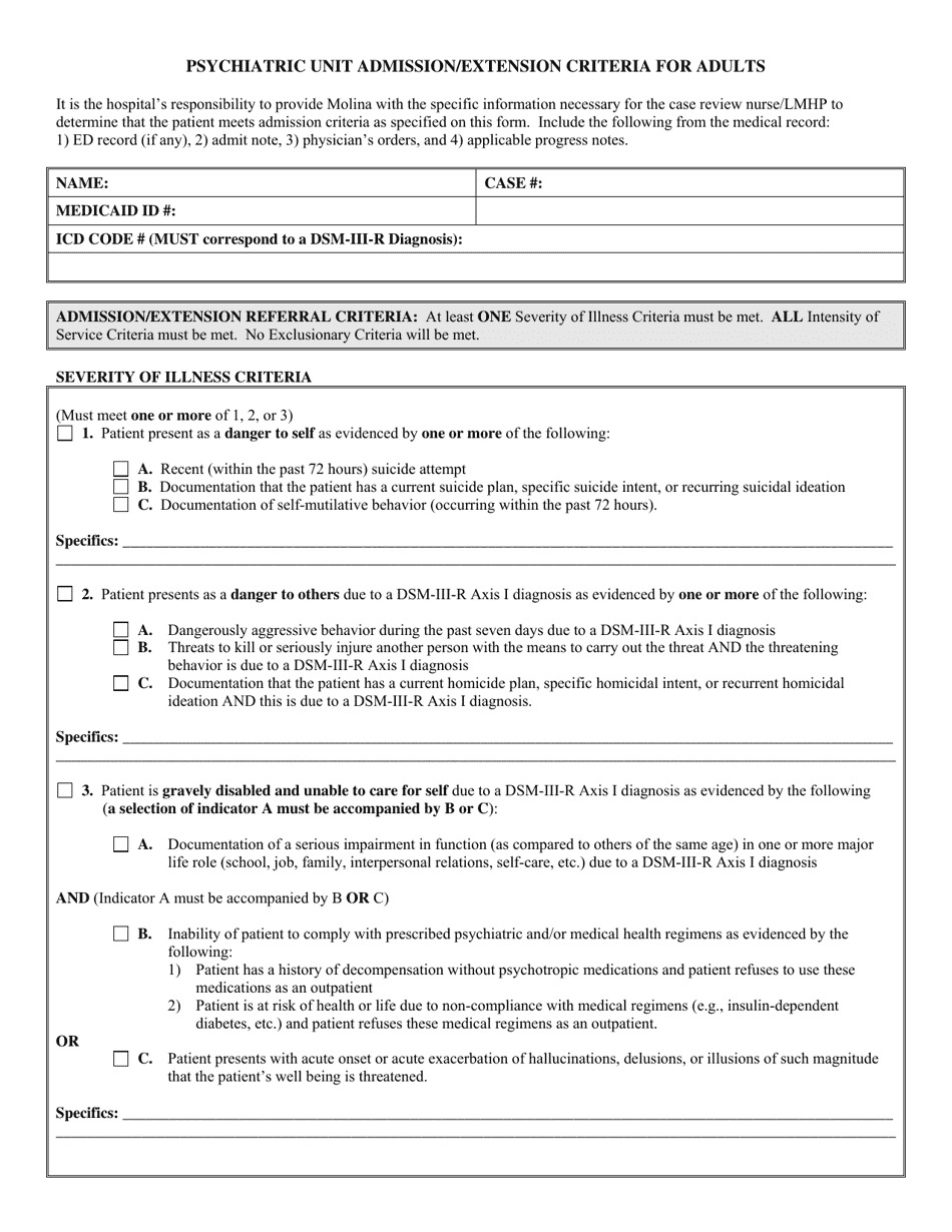 Psychiatric Unit Admission / Extension Criteria for Adults - Louisiana, Page 1