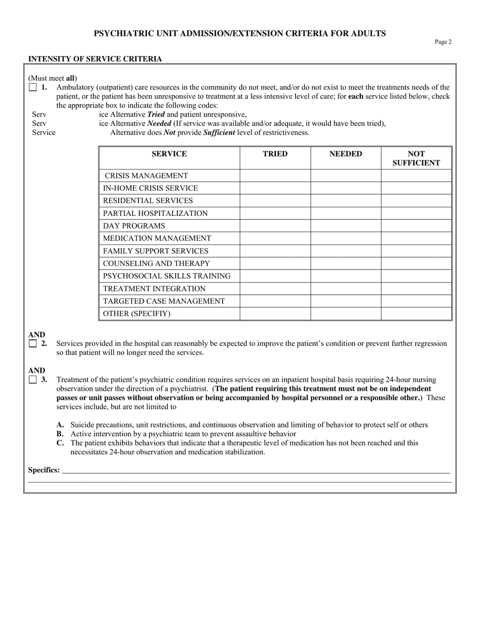 Psychiatric Unit Admission / Extension Criteria for Adults - Louisiana, Page 2