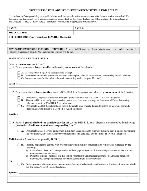 Psychiatric Unit Admission / Extension Criteria for Adults - Louisiana Download Pdf