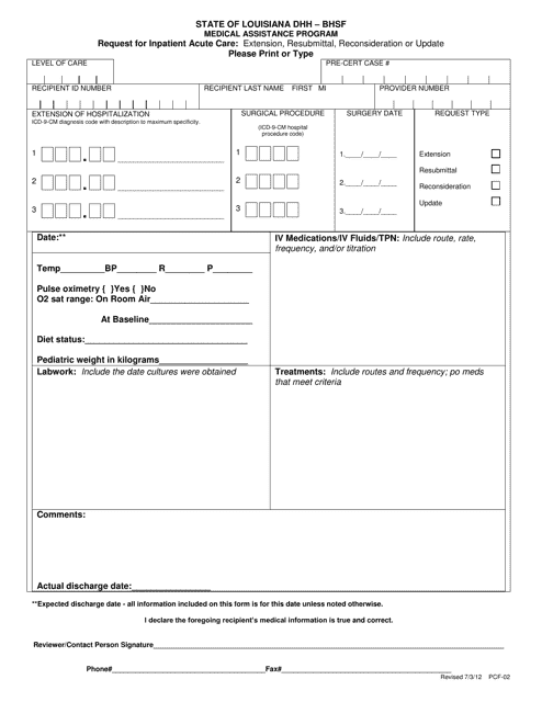 Form PCF-02 Request for Inpatient Acute Care: Extension, Resubmittal, Reconsideration or Update - Louisiana
