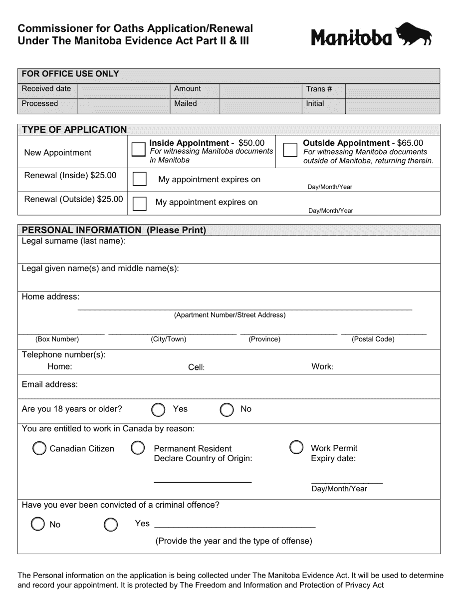 Commissioner for Oaths Application / Renewal - Manitoba, Canada, Page 1