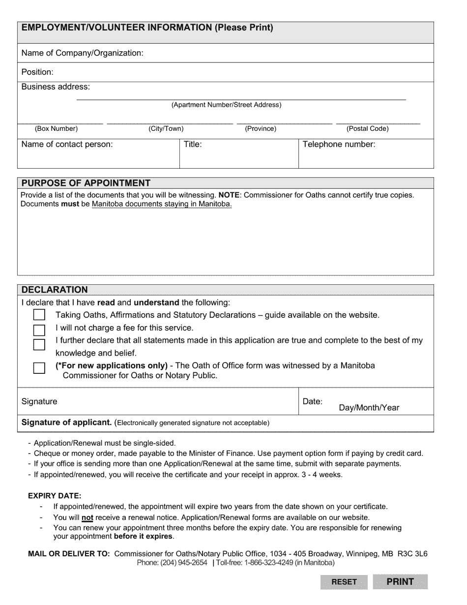 Manitoba Canada Commissioner for Oaths Application/Renewal - Fill Out ...