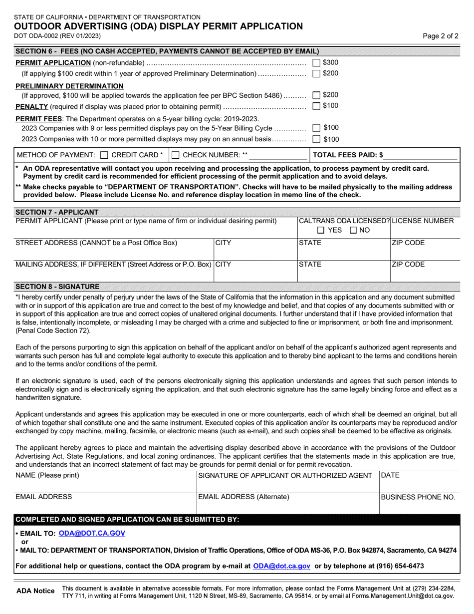 DOT Form ODA0002 Outdoor Advertising (Oda) Display Permit Application - California, Page 2