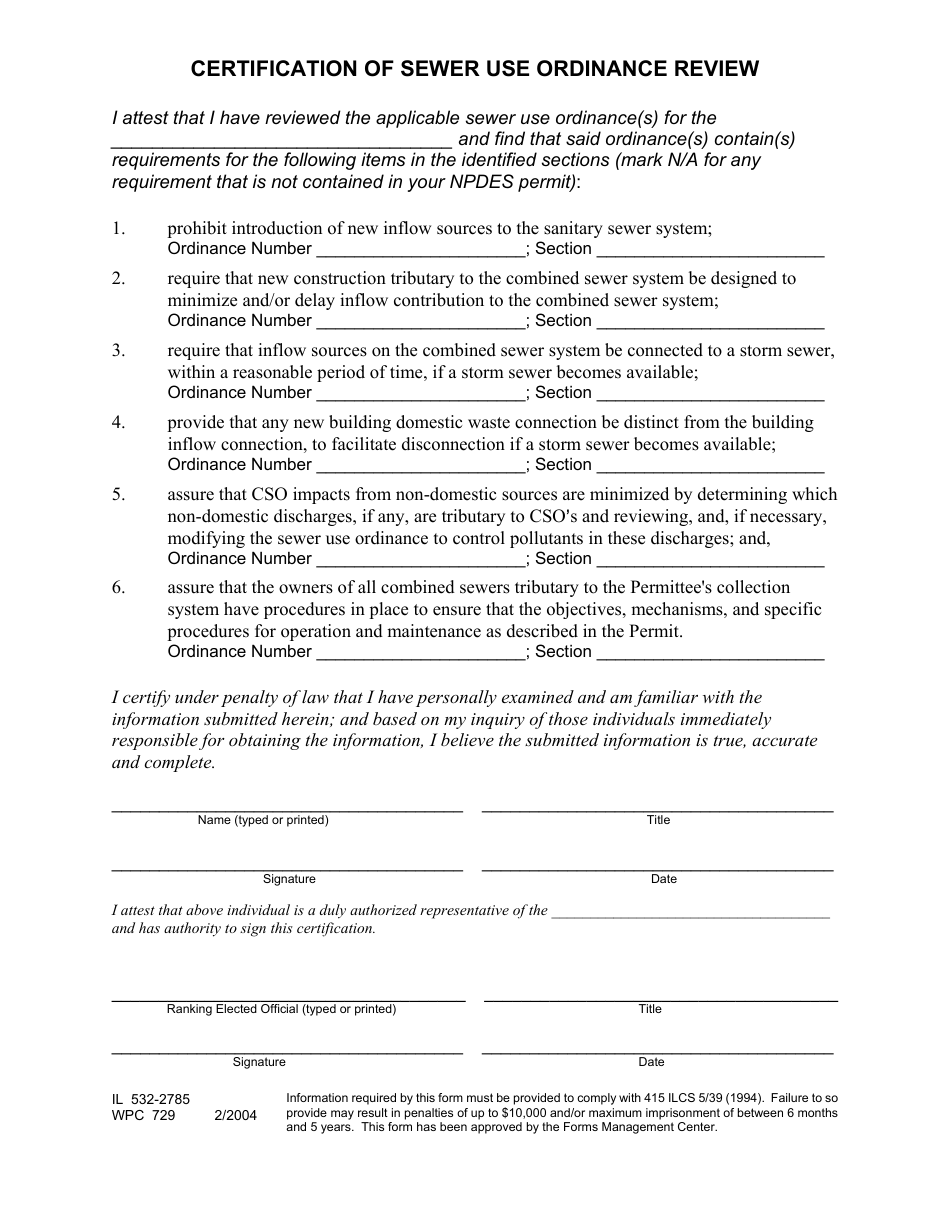 Form IL532-2785 (WPC729) Certification of Sewer Use Ordinance Review - Illinois, Page 1