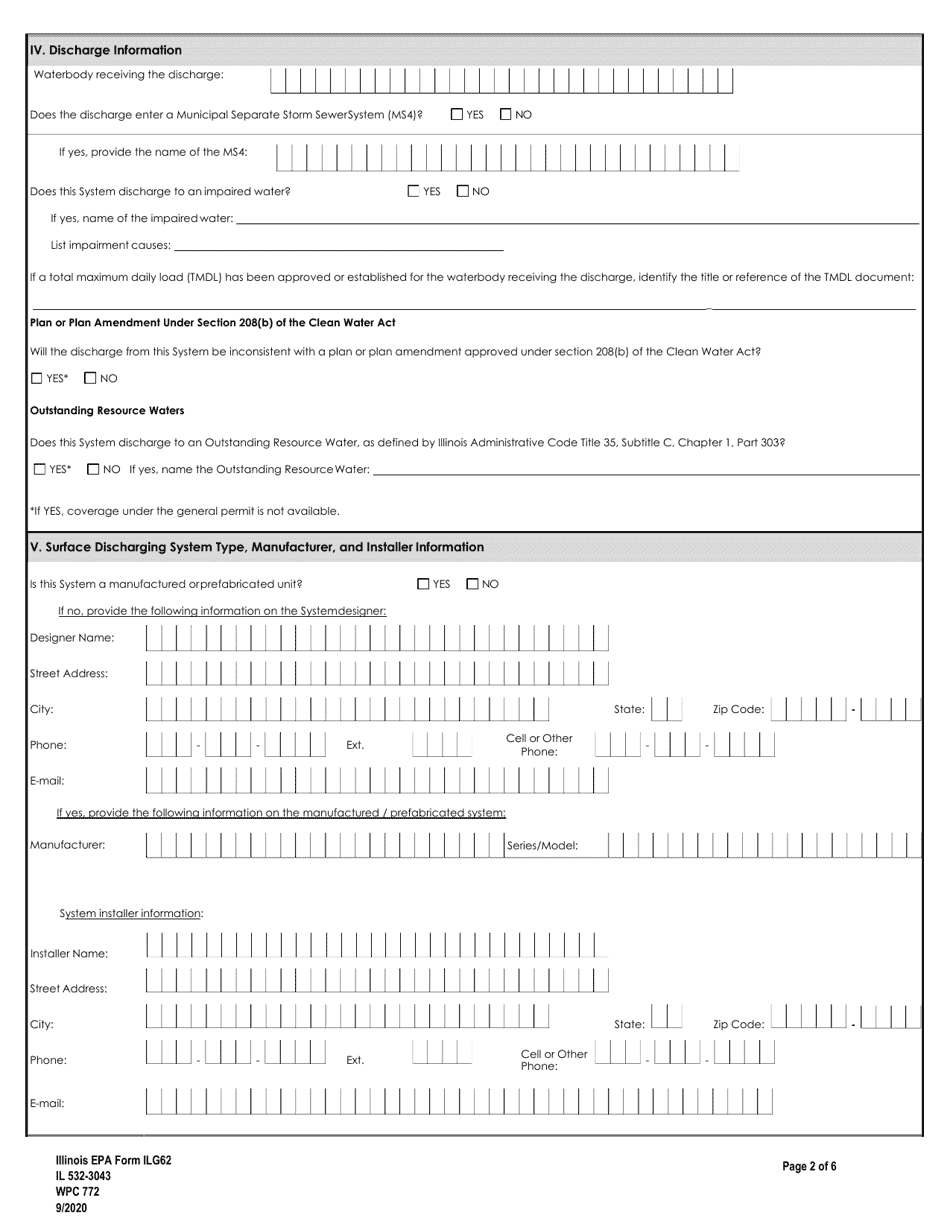NPDES Form ILG62 (IL532-3043; WPC772) Notice of Intent (Noi) for New and Replacement Surface Discharging Private Sewage Disposal Systems - Illinois, Page 2