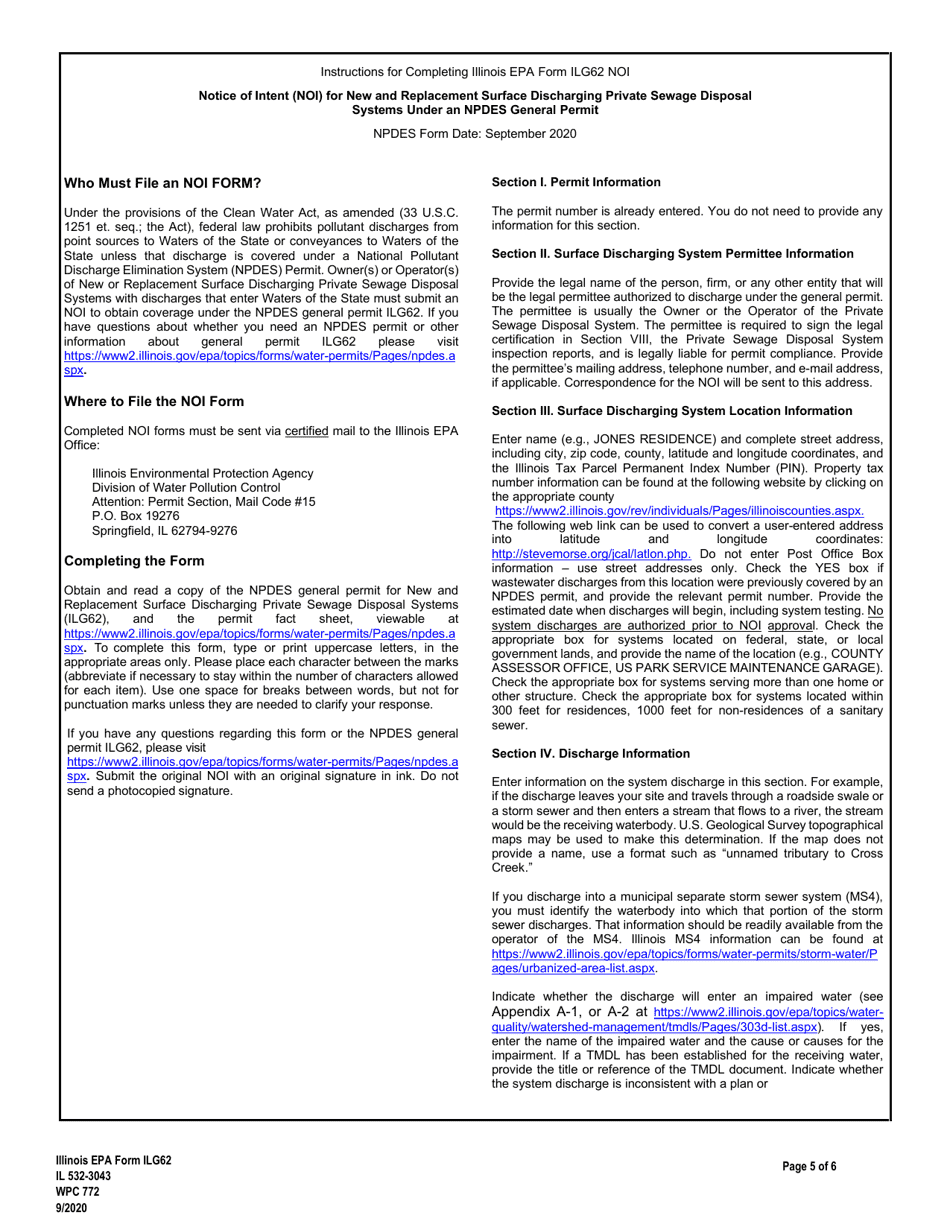 NPDES Form ILG62 (IL532-3043; WPC772) Notice of Intent (Noi) for New and Replacement Surface Discharging Private Sewage Disposal Systems - Illinois, Page 5