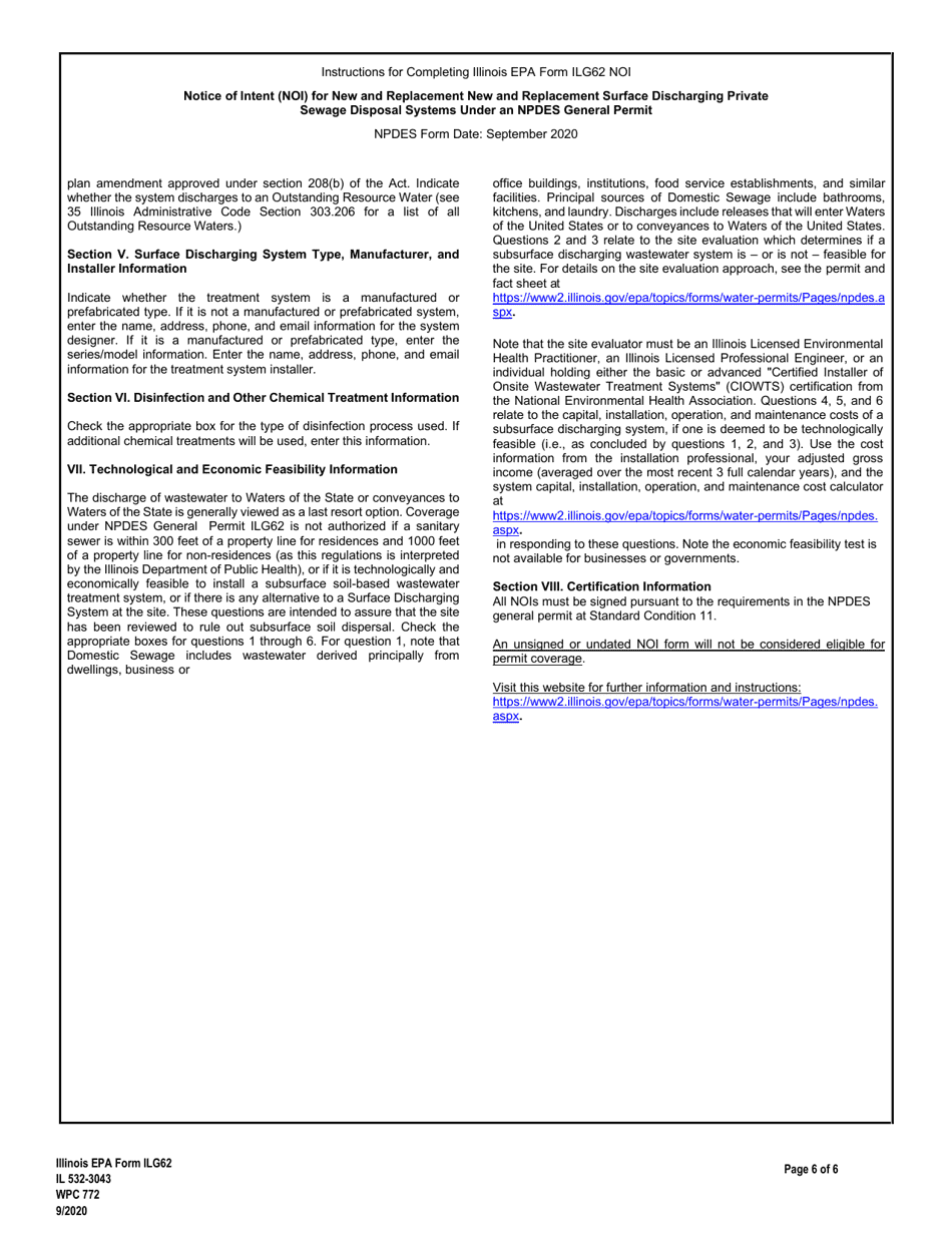 NPDES Form ILG62 (IL532-3043; WPC772) Notice of Intent (Noi) for New and Replacement Surface Discharging Private Sewage Disposal Systems - Illinois, Page 6