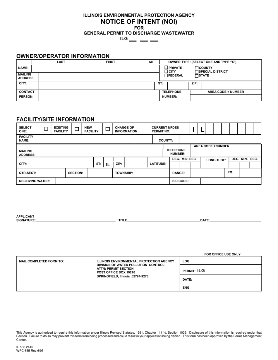 Form IL532 2445 Notice of Intent (Noi) for General Permit to Discharge Wastewater - Illinois, Page 1