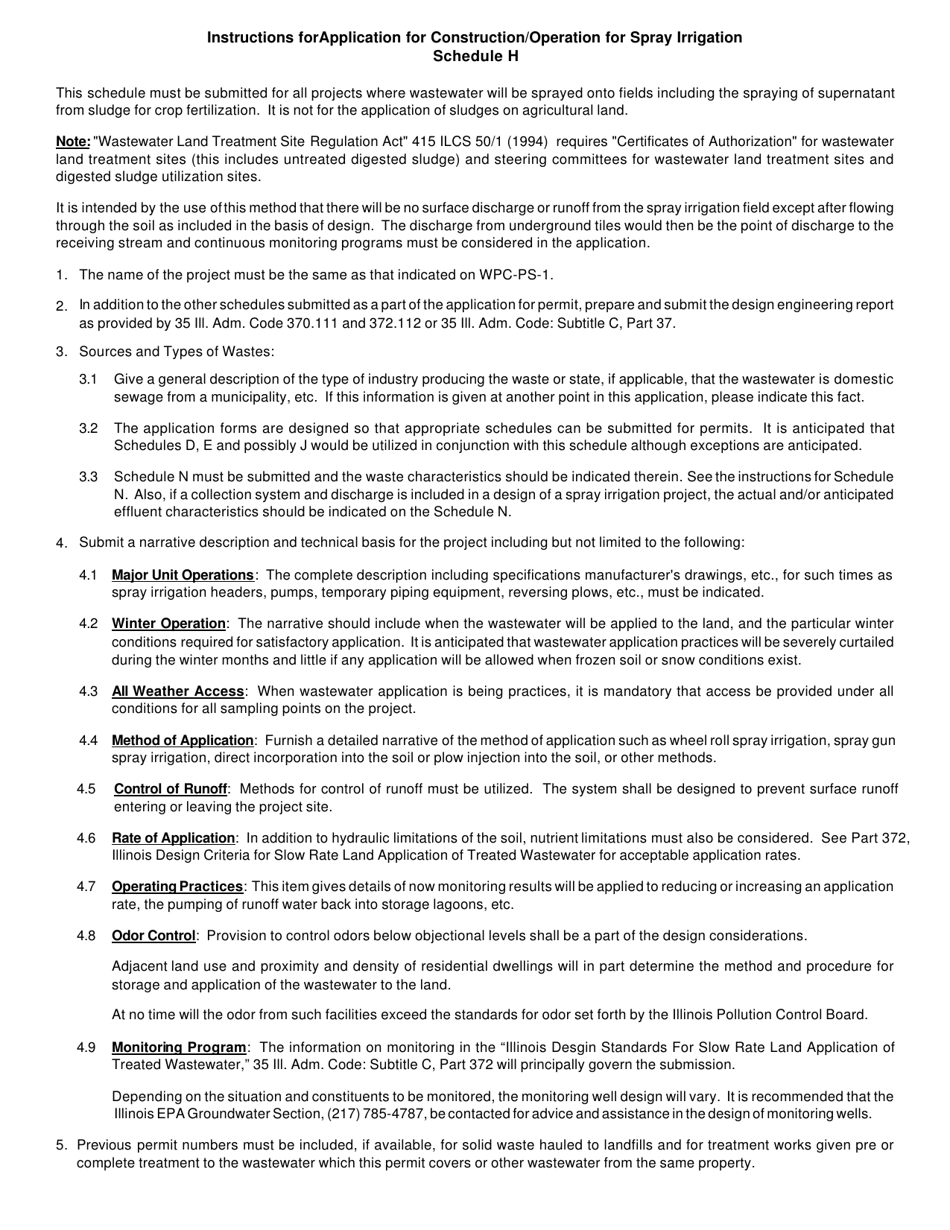 Form IL532-0034 (WPC178) Schedule H Spray Irrigation - Illinois, Page 1